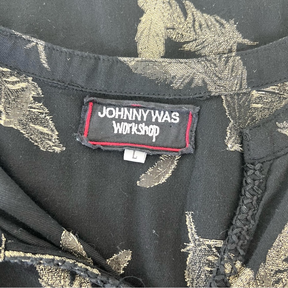 JOHNNY WAS Workshop Black Metallic Gold Feathers Embroidered Hem Mini Dress Sz L - Picture 14 of 16
